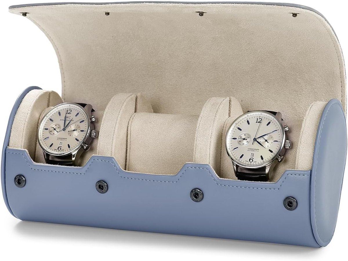 Luxury PU Leather 3 Slots Clock Roll Storage Box - Kerstmis - Verjaardag - Cadeau Box (Light Blue)