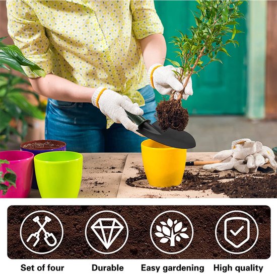 4-delige tuingereedschapset - Tuingereedschapset - Tuinschep - Plantgereedschap - Inclusief een handschep, plantenschep, onkruidverwijderaar en hark met antisliphandvat - Geschikt voor tuinen, gazons en boerderijen - Zwart — afbeelding 5