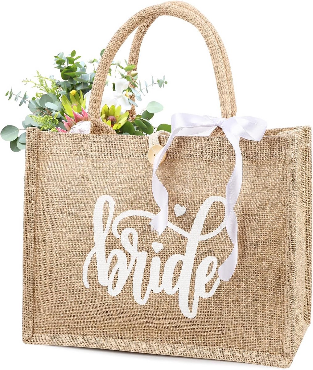 Jute draagtas met Bride opschrift en wit lint - ideaal als make-uptas en bruiloftscadeau