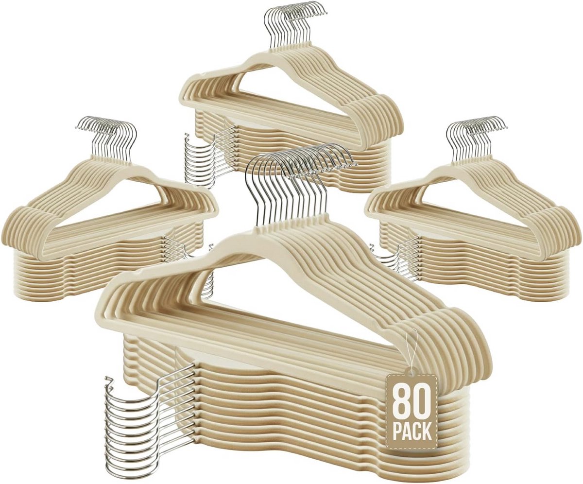 20, 40, 80 of 120 Fluweel Dunne Kledinghangers Beige - Antislip & 360° Draaibare Haak
