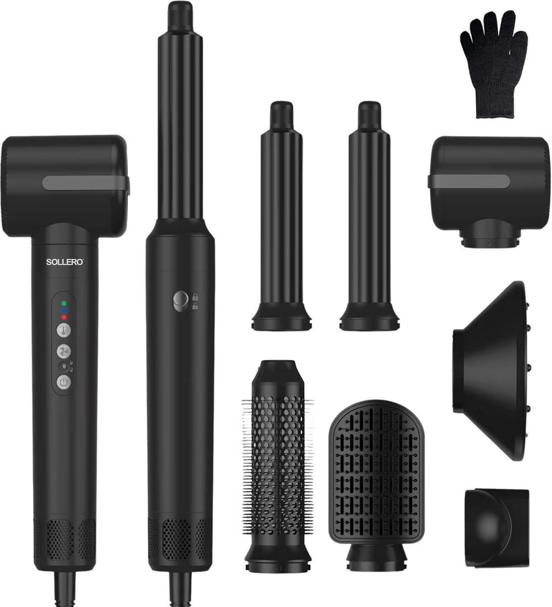 7-in-1 Heteluchtborstel Set: Föhn, Styler, Krultang en Volume Borstel voor Glanzend Haar