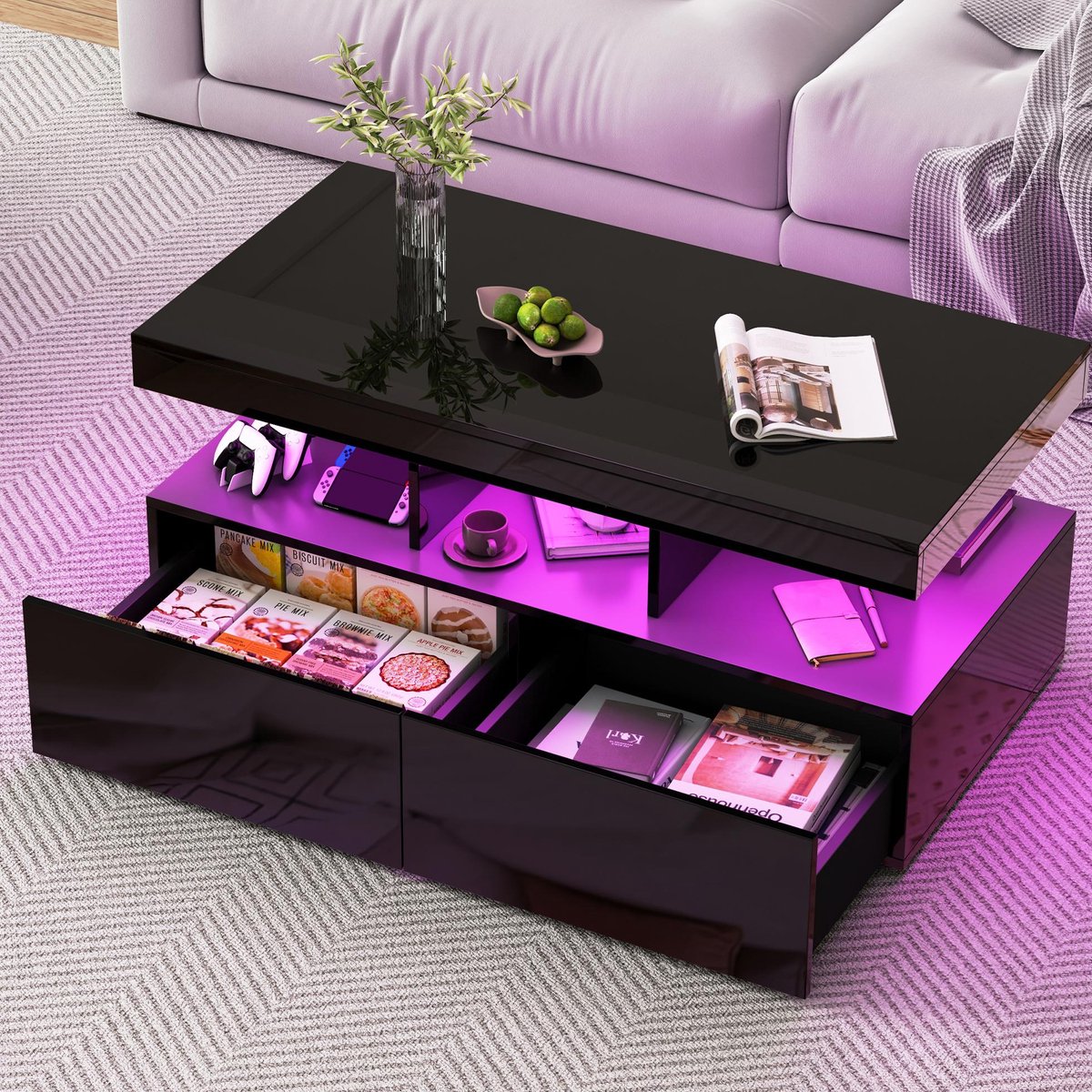 Moderne salontafel, woonkamertafel, hoogglans, LED en 2 lades, voor woonkamer, zwart, MDF, 104x53x46cm