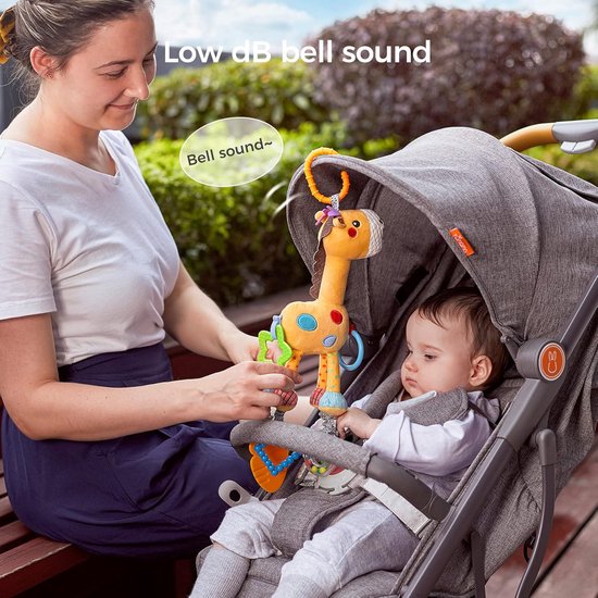 Sander Shop Giraffe Opknoping Rammelaar Speelgoed,Baby Kinderwagen Speelgoed met windklokkenspel,Kinderwagen Autostoel Wieg Pluche Dieren Activiteitenspeelgoed Cadeau voor Pasgeborene 0,3,6,9,12,36 Maand-Geel van Sander Shop — afbeelding 4