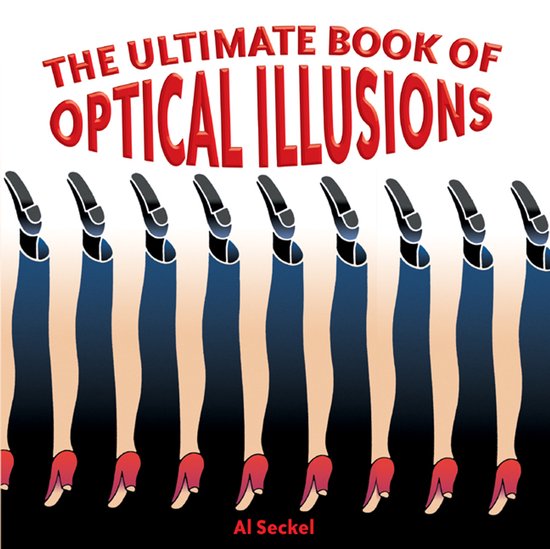 Boek kaft met de titel 'THE ULTIMATE BOOK OF OPTICAL ILLUSIONS'. Acht benen in sokken en schoenen komen omhoog.