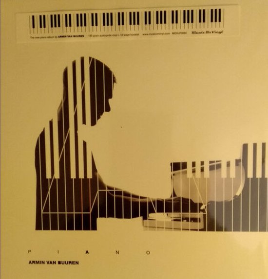 Albumhoes met pianotoetsen en een silhouet van een persoon, met tekst bovenaan.
