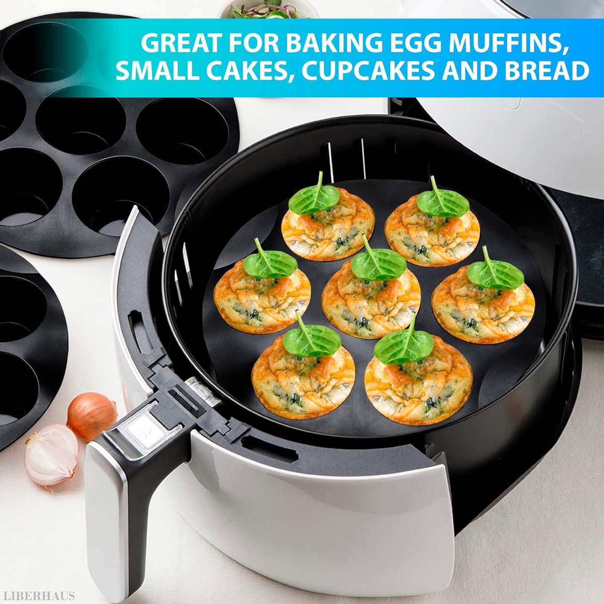 Taartvorm - Siliconen Bakvorm - Cupcake bakvorm - Rond - Zwart - 20*4 cm - Bakplaat voor de airfryer - Muffinbakvorm - Voor 7 Muffins - Antiaanbaklaag - Hittebestendige - Herbruikbaar - Voor Het Bakken Van Cupcakes, Brownies, Chocolade – foto 4