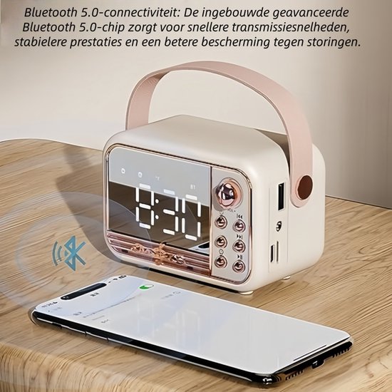 1 artikel - Luidspreker - Draadloze Bluetooth-luidspreker met wekkerfunctie - Luidspreker met mini-kaartsleuf - Cadeau - Ondersteunt TF-kaart, USB-flashdrive en AUX-interface - Vintage design - Roze van Merkloos — afbeelding 4