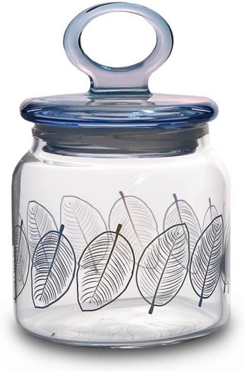 Glazen pot met bladeren print en deksel - 575ml
