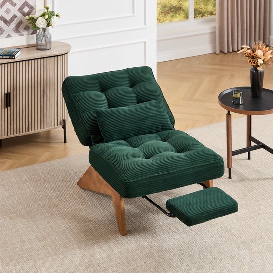 HAUSS SPOLE Fauteuil – Fauteuil de Lounge Réglable – Avec Repose-Pieds & Coussin Lombaire – 1 Place – Avec Pieds en Bois Massif – Velours Côtelé Vert Émeraude
