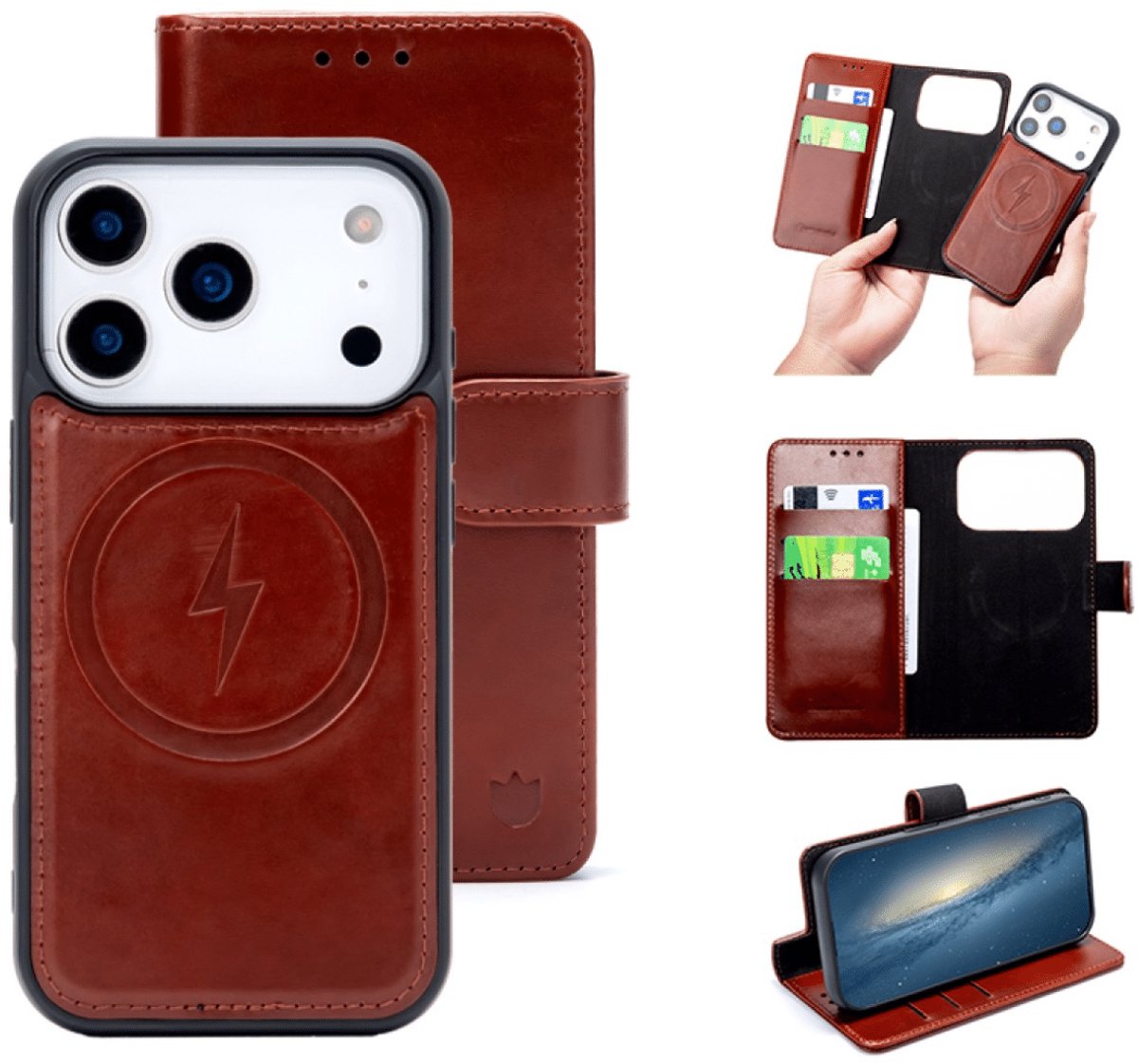 Casemania 2-in-1 Bookcase voor iPhone 17 Pro – Echt Leren - Donker Rood