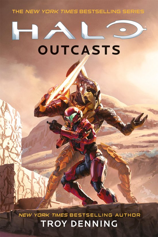 Couverture du livre Halo: Outcasts avec deux personnages en armure dans un paysage désertique. Écrit par Troy Denning.