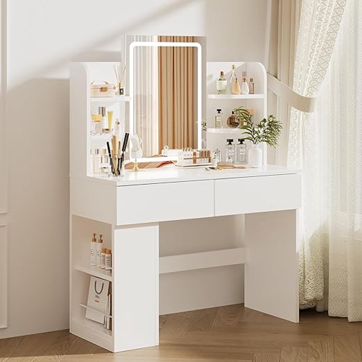 Make-up Tafel met LED-Spiegel – 3 Lichtsterktes – 2 Grote Laden, Zijopslag, 4 Open Compartimenten - Kaptafel- Wit- Zwart- Roze