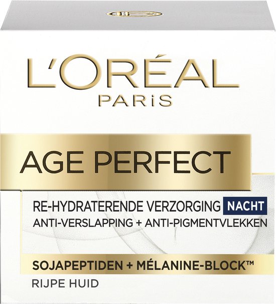 L'Oréal Paris Age Perfect nachtcrème verpakking met gouden en witte accenten.