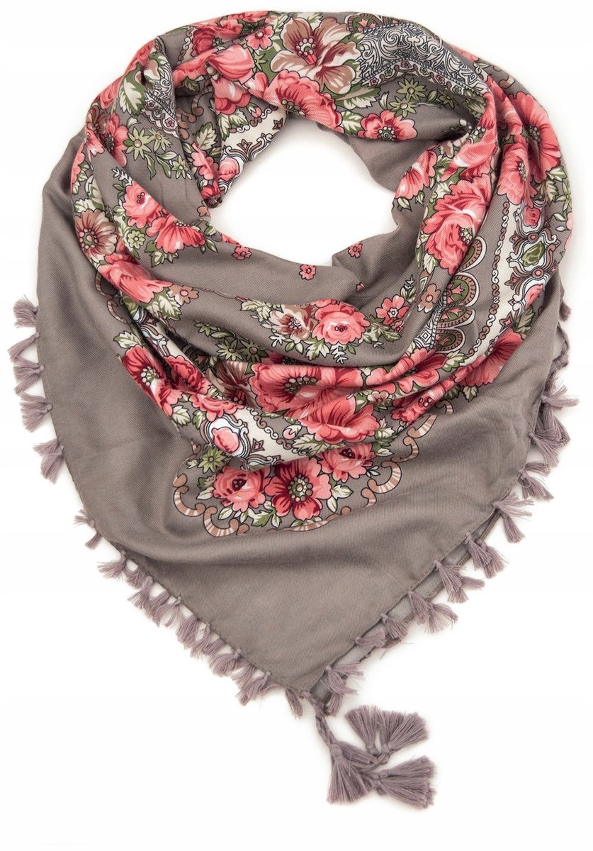 Merkloze Folkloristische Sjaal met Bloemenprint en Franjes - Beige