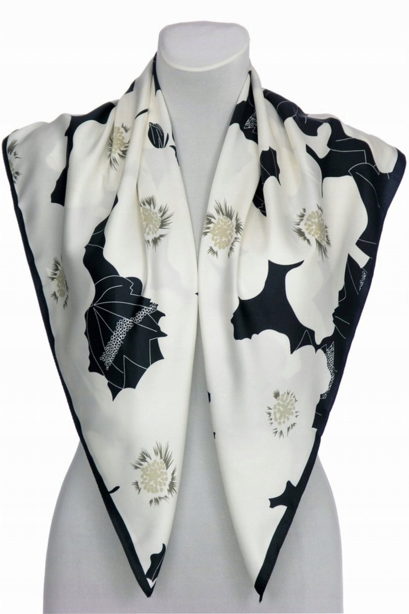 Merkloze Bloemenprint Sjaal 90x90cm - Elegant Zwart Wit met Beige Accent