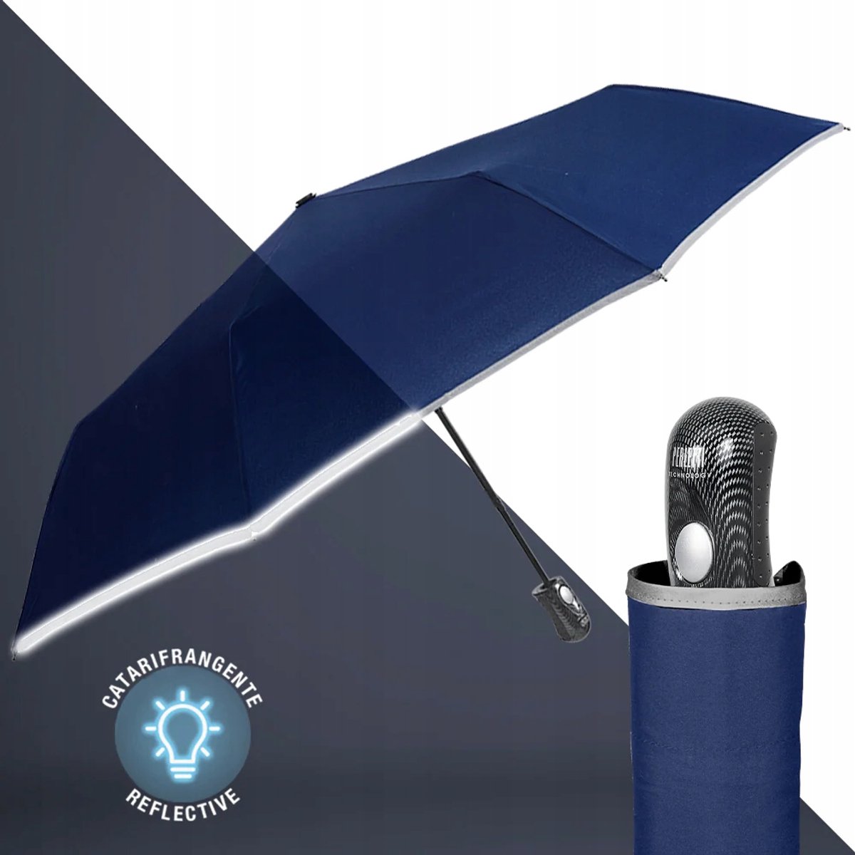 Perletti Automatische Paraplu Navy Blauw Reflecterend Opvouwbaar