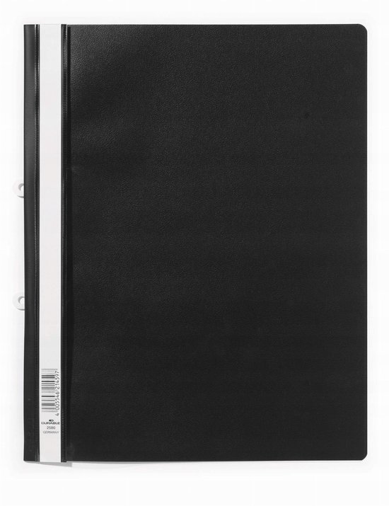 Chemise A4 noire durable avec couverture transparente et perforation.
