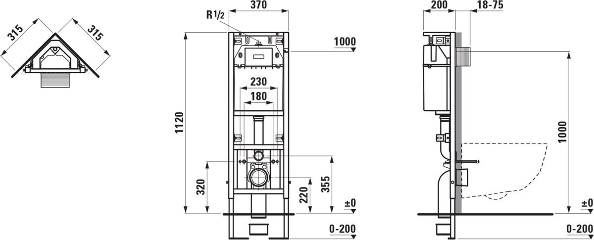 Laufen INEO - Voorwandinstallatie voor hangende toiletten, voor hoekmontage, hoogte 1,12 m H9201190000001