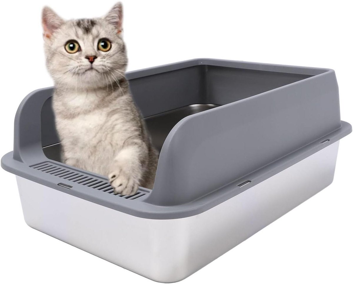 Roestvrijstalen kattenkist met hoge zijkanten en deksel - Halfgesloten kattenkist voor extra grote katten. Duurzame en ruime kattenmand.