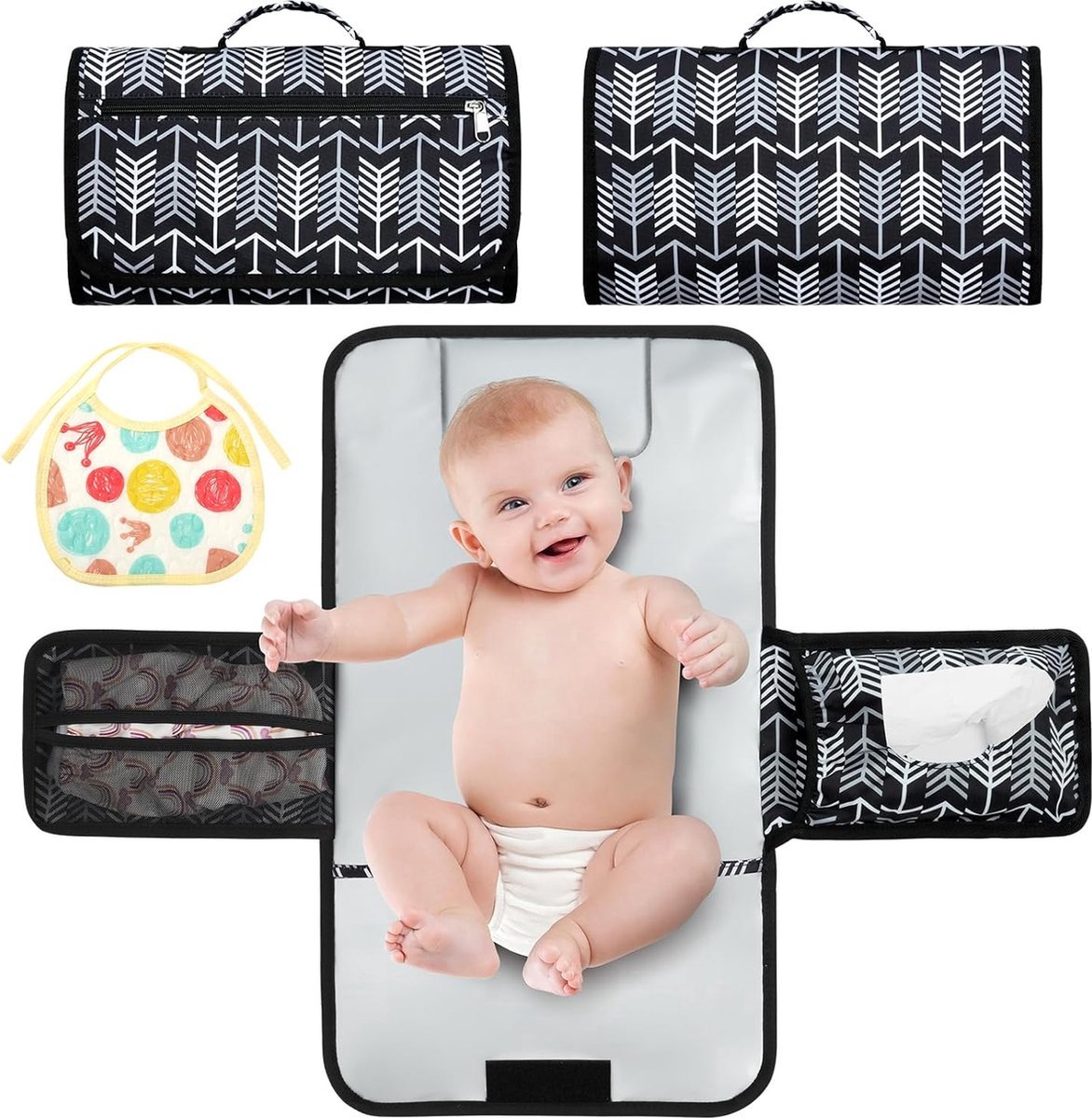 Stunq® Opvouwbare Reismat voor Luiers met Baby Slabbetjes en Waterdichte Compartimenten