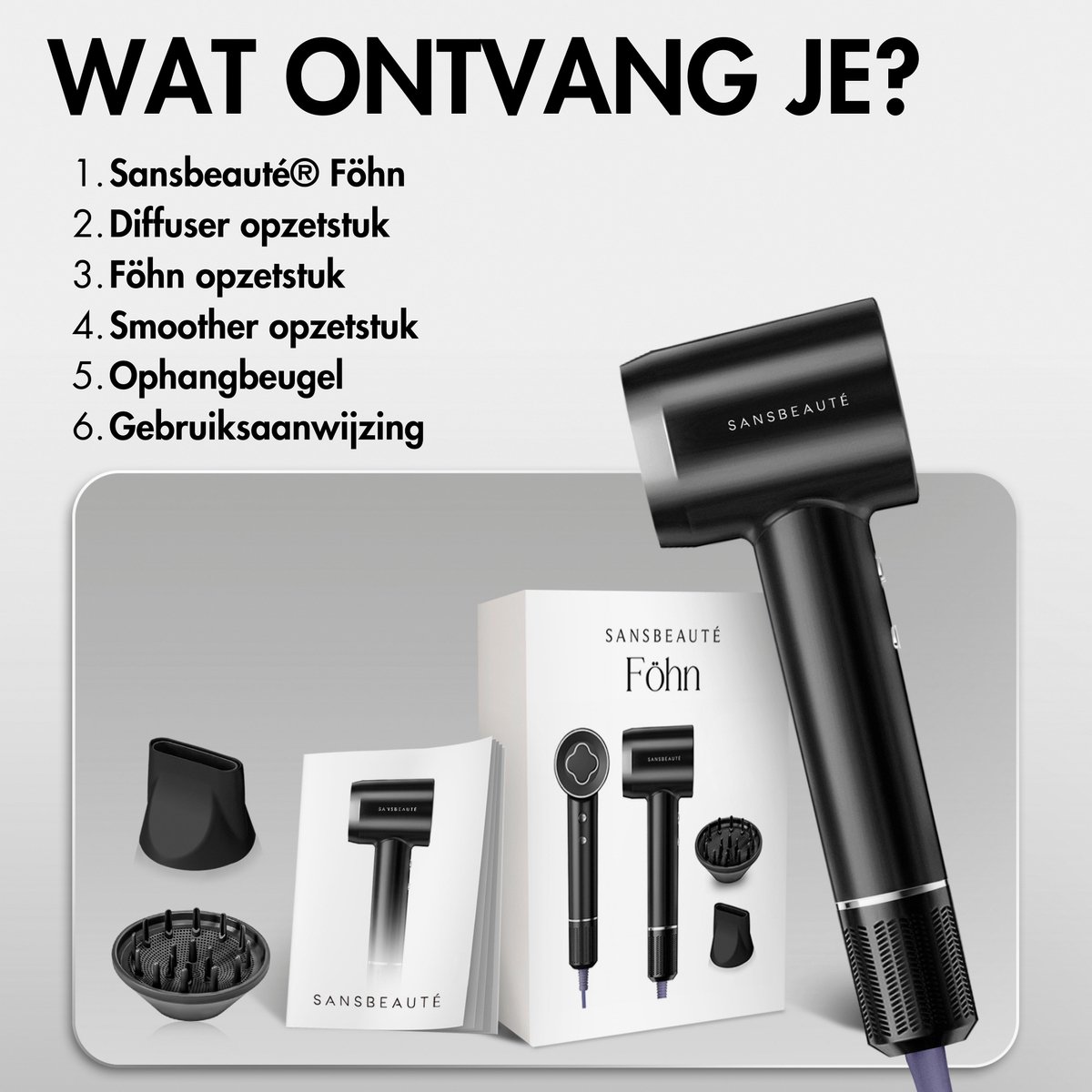 Sansbeauté® Föhn met Diffuser - Krullen - 110.000RPM - Ionische Haardroger met Borstel - 3 Standen - 3 Opzetstukken - Reisföhn - Sèche Cheveux - Krul Feun Set - Haarföhn met Defuser - Hair Blow Dryer - Kappersfohn - 2000W thumbnail 8