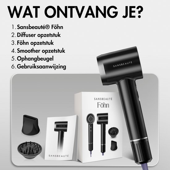 Sansbeauté® Föhn met Diffuser - Krullen - 110.000RPM - Ionische Haardroger met Borstel - 3 Standen - 3 Opzetstukken - Reisföhn - Sèche Cheveux - Krul Feun Set - Haarföhn met Defuser - Hair Blow Dryer - Kappersfohn - 2000W