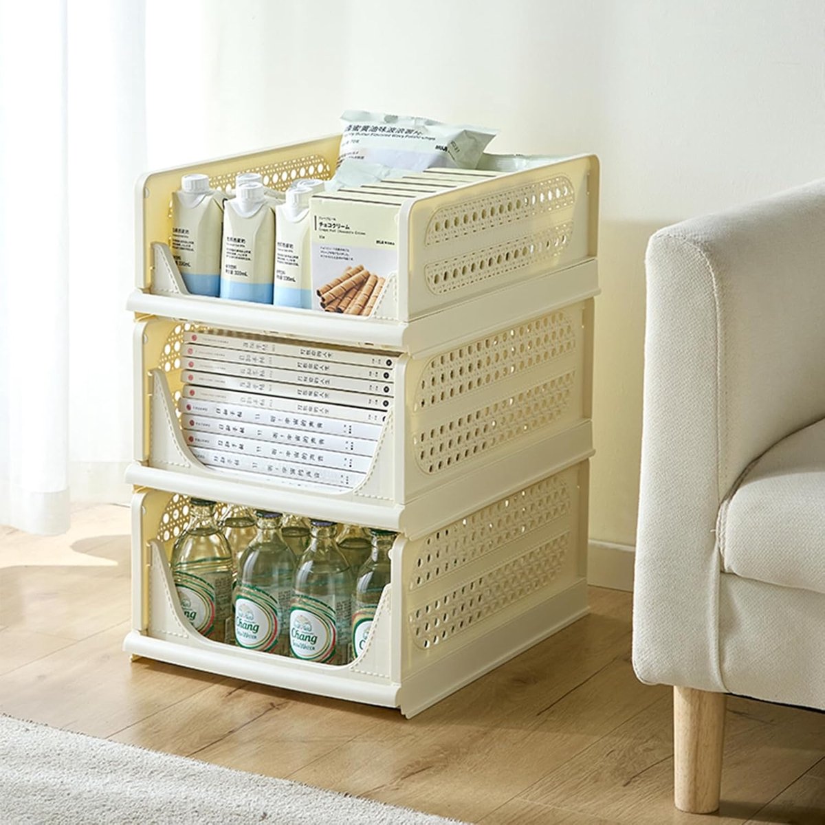Candala Kast Organizer Opvouwbare Set van 3 Garderobe Organizer Kleding Opbergdoos Kunststof Kledingkastorganisatoren voor Ondergoed, Broeken, T-shirt, Stropdassen, Melkwit