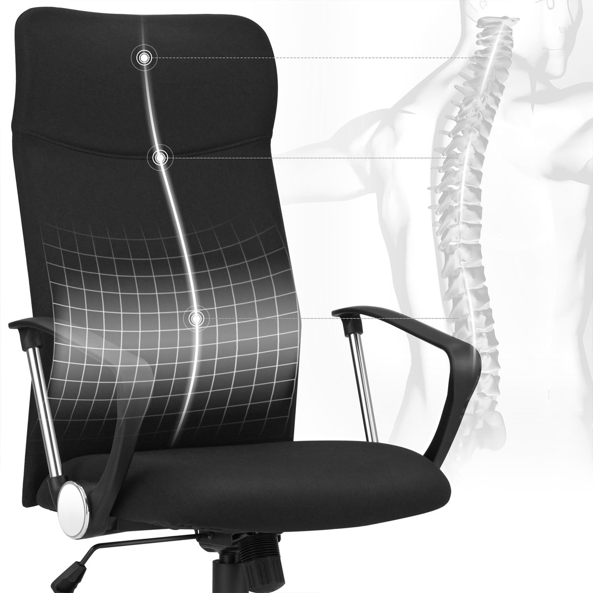 Bureaustoel Ergonomische draaistoel Stoffen zitting met kussen 63 x 63 x (110 - 120) cm Zwart Verstelbare hoogte en kantelhoek Maximale draagkracht 120 kg Comfortabele ondersteuning voor nek, schouders en rug Geschikt voor kantoor en thuiswerk – foto 3