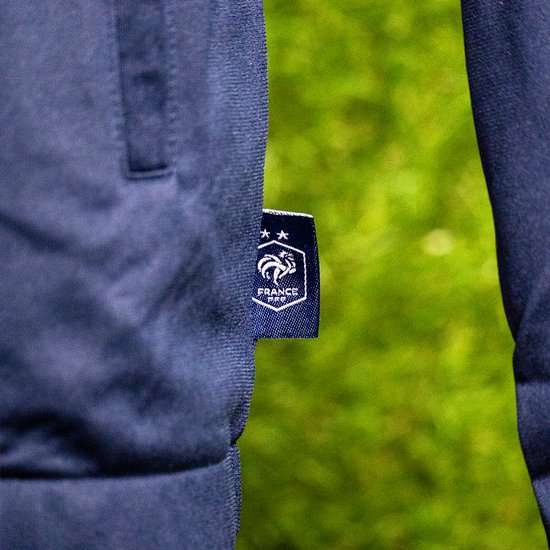 Detail van het FFF-logo op een donkerblauwe stof, met groene achtergrond.