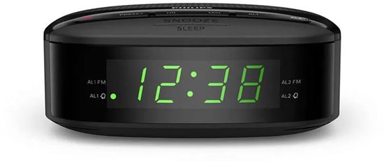 Zwarte Philips wekkerradio met groene digitale tijd 12:38.
