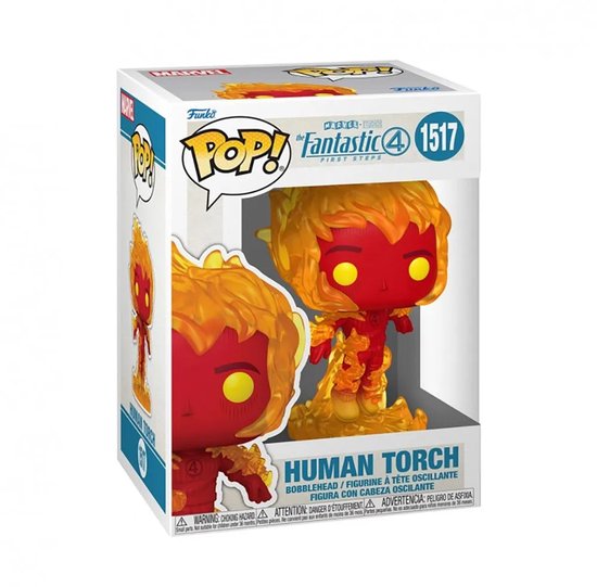 Boîte de figurine Funko Pop 'Human Torch', avec une image de la figurine rouge avec des flammes.