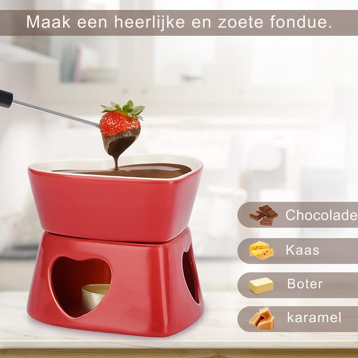 Kaasfondue Set - Hartvormig - 320 ML - Keramische Chocoladefondue Set - Theelichtfondue - Rood – foto 2