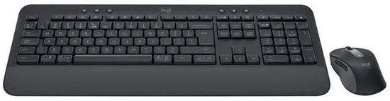 Zwart draadloos toetsenbord en muis met Logitech logo's, op witte achtergrond.