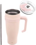 Roze thermosbeker met lichtroze handvat, los deksel en een metalen rietje ernaast.