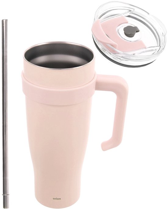 Roze thermosbeker met lichtroze handvat, los deksel en een metalen rietje ernaast.