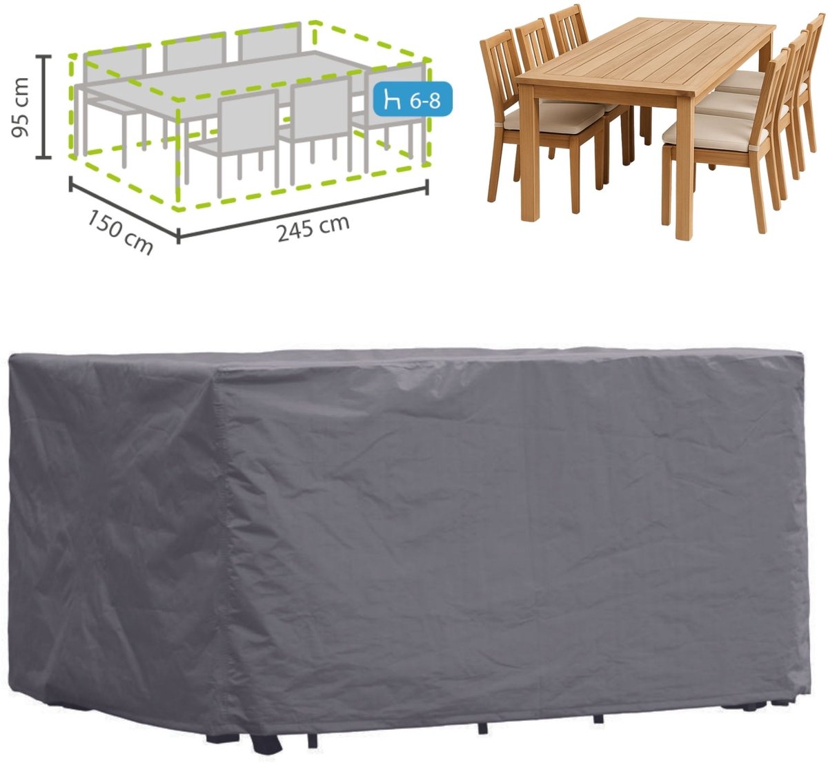 Perel Buitenhoes voor tuinset, grijs, rechthoekig, 245 cm x 150 cm x 95 cm