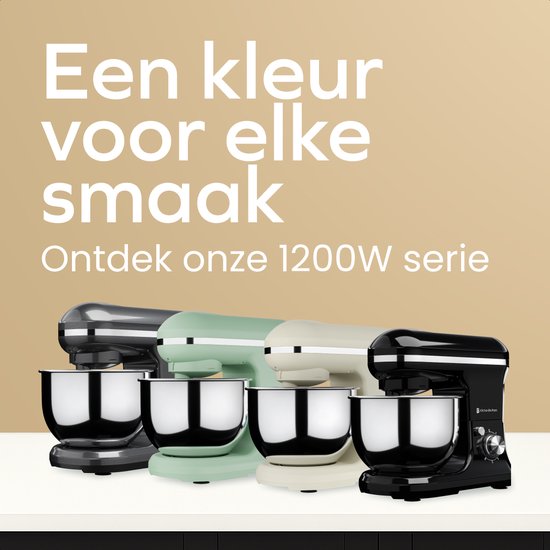 Zwarte, groene en crème keukenmachines naast elkaar. "Een kleur voor elke smaak".