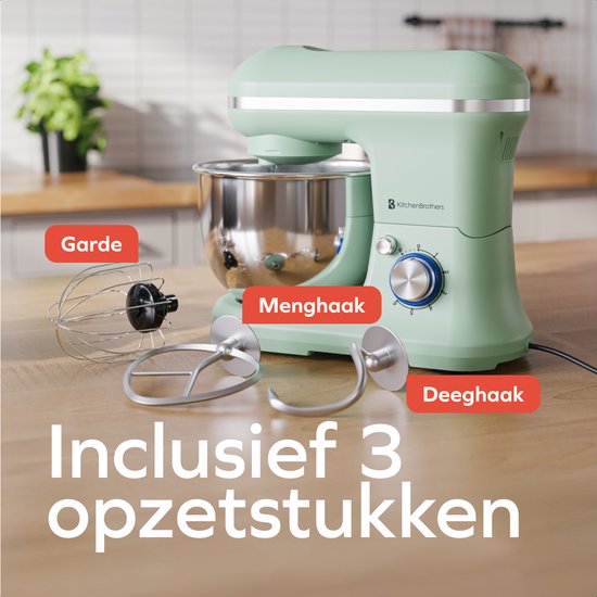 Pastelgroene keukenmachine met garde, platte menghaak en deeg haak.