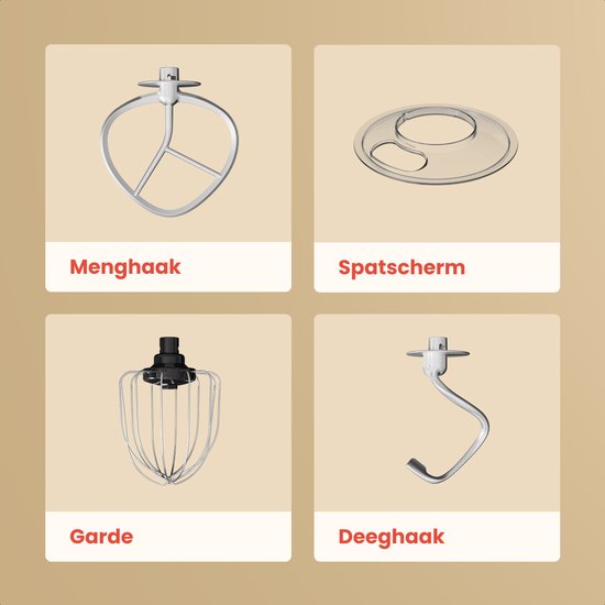 Vier keukenmachine accessoires: platte menghaak, spatscherm, garde en deeghaak.