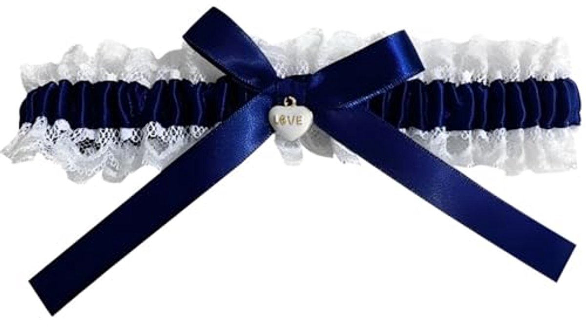 Kousenband voor Bruiloft in Blauw en Wit met Kant en Glittersteen