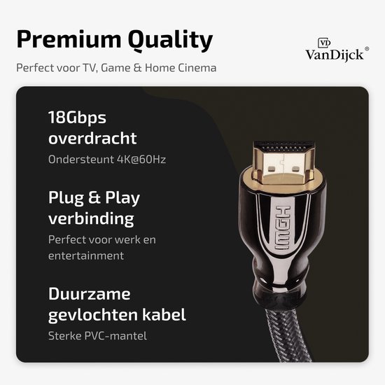 Zwarte HDMI 2.0 kabel met gouden connector, 18Gbps overdracht, 4K@60Hz ondersteuning.