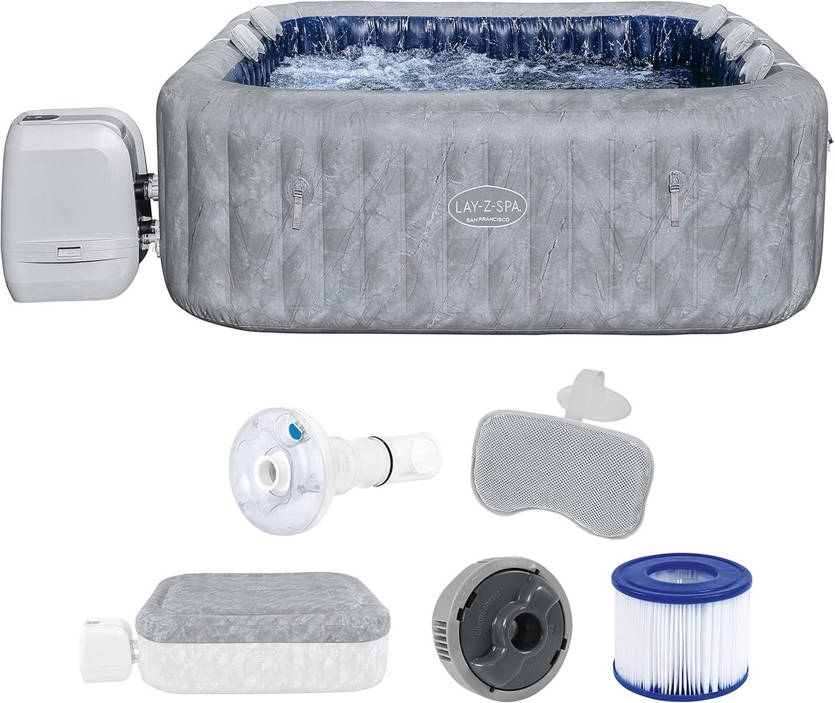Luxe Opblaasbare Jacuzzi 230×230×71 cm – 7 Personen Bubbelbad met 190 Massagejets, Verwarming, LED-verlichting & App-bediening – Vierkante Spa Binnen & Buiten