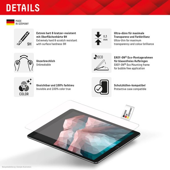 Details van Displex tablet screenprotector: duurzaam, onbreekbaar, onzichtbaar, 0,3 mm dun, made in Germany.