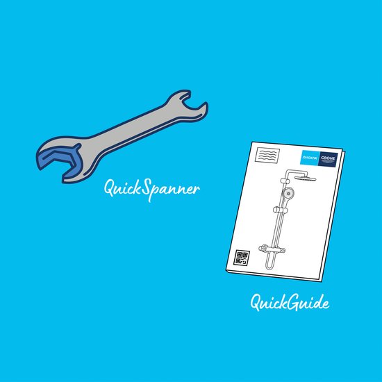 Een illustratie van een steeksleutel genaamd 'QuickSpanner' en een handleiding 'QuickGuide'.