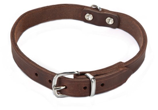 Collier en cuir marron avec boucle argentée et clous nickelés.
