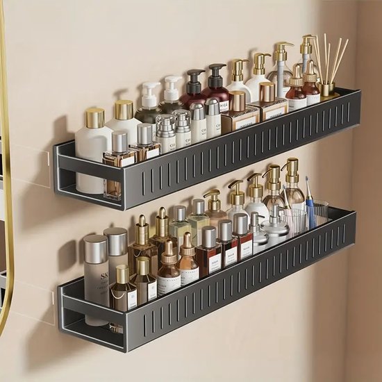 Badkamerplanken Zonder Boren - Vierkante Doucheplank Wandplank In De Badkamer Badkamer Organizer Aluminium Douchemandje Met 2 Haken