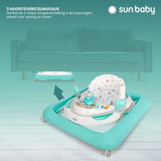 sun baby Loopstoel, baby walker vanaf 6 maanden, verstelbare hoogte, rubberen wielen - Mintgroen met sterretjes van Sun Baby — afbeelding 2