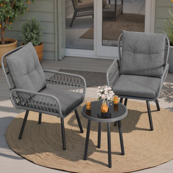 Ensemble repas Bealife WR213 pour 2 personnes - Deux chaises longues avec table d'appoint - Chaises rembourrées résistantes aux intempéries - Grijs