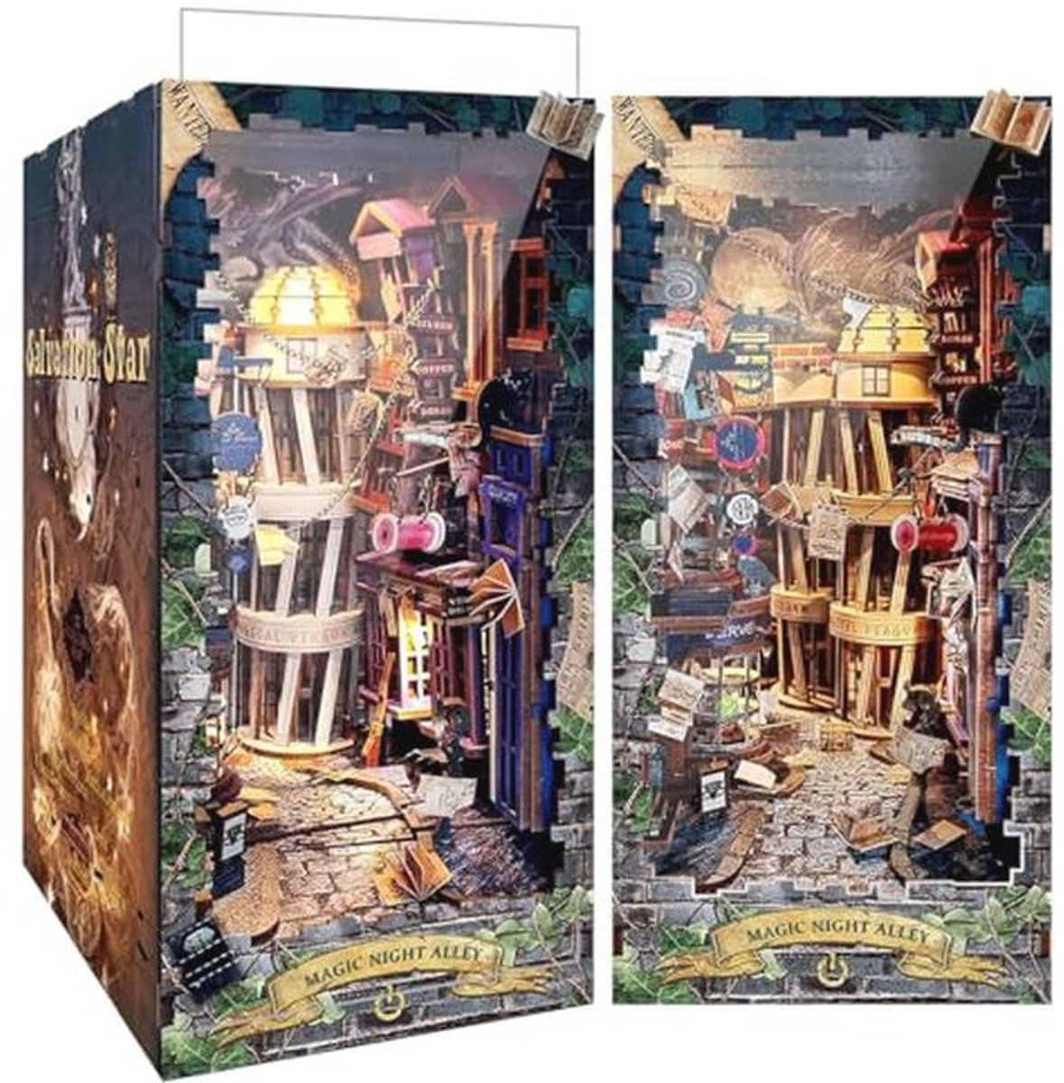 DIY Miniatuur Poppenhuis Book Nook met LED-lamp - Magische Nachtstraat 3D Houten Puzzel Boekensteun voor Creatieve Decoratie