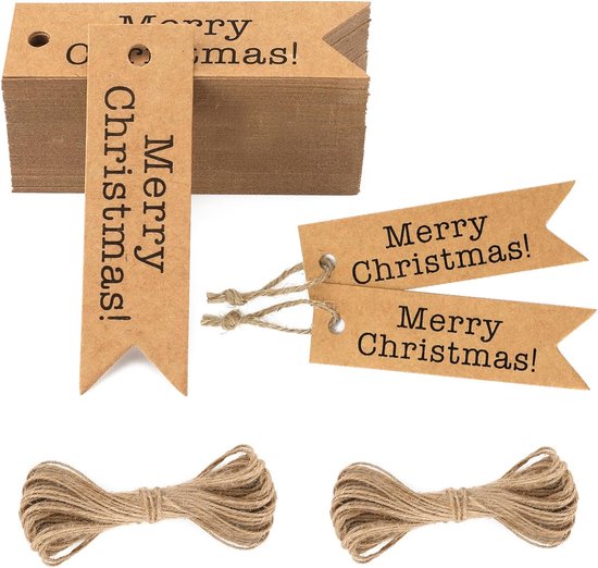 100 kerstlabels - kerst labels - Kerstversiering - kerstlabels karton - Kerstdecoratie Cadeauverpakkingsset - Kit Papieren Cadeaukaartjes - Touw Hangende Tags - kerst versiering - 7*2cm